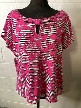 Rafaella Hot Pink Floral Stripe Keyhole Top